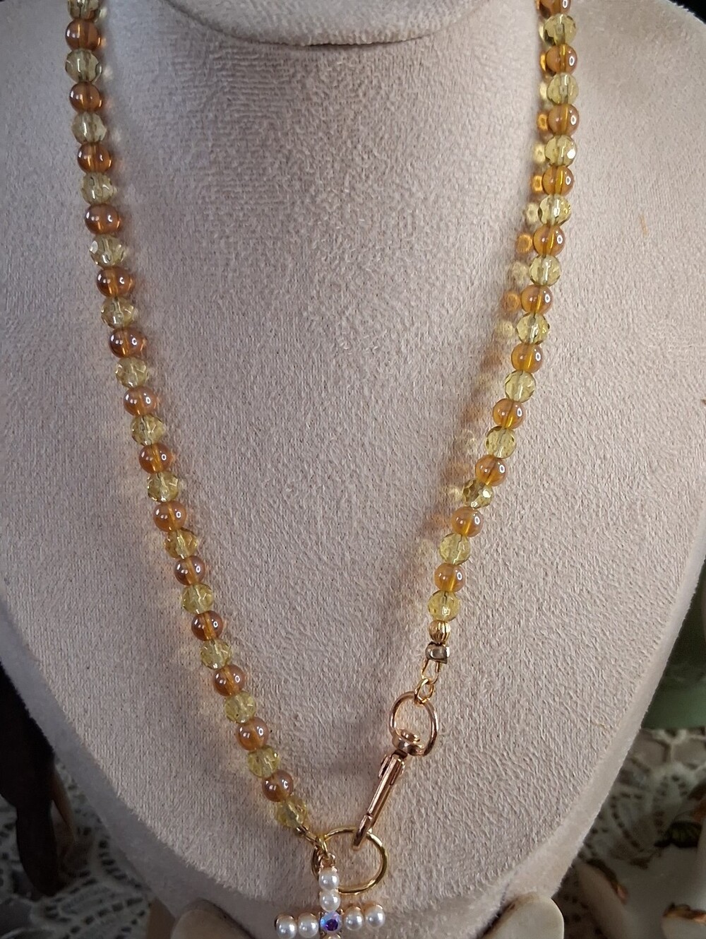 Yellow and Amber Beaded Cross Necklace, With Pearl Cross, Women Jewelry